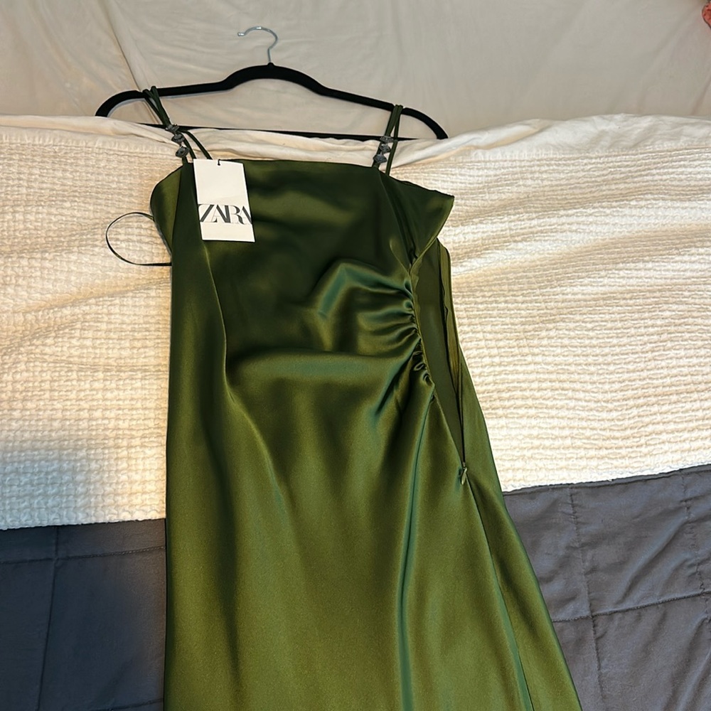 Green Satin Zara dress with gemstone strap